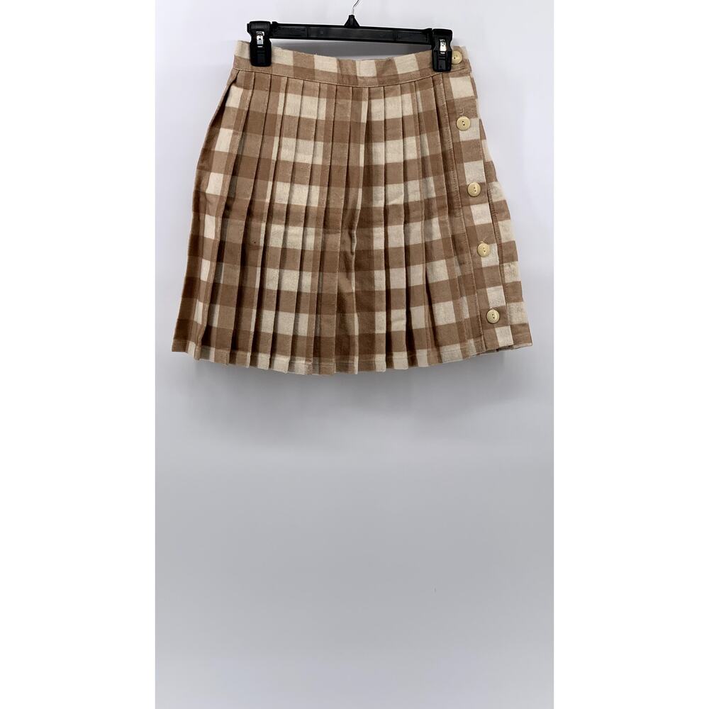 Lisa Says Gah Tan and Cream Plaid Pleated Mini Skirt